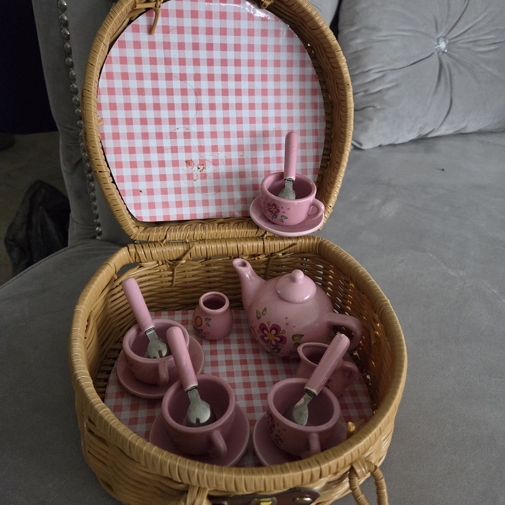 Pink Tea Set in Wicker Basket